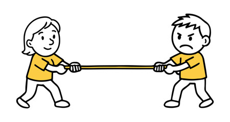 Boy And Girl Playing Tug of War. Child Characters with Emotions, Simple Line Drawing Doodle, Hand-Drawn Vector Illustration