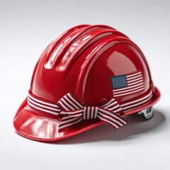 Fototapeta premium Red construction helmet with flag and patriotic bow