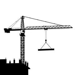 Silhouette of a construction crane lifting a beam, with a building under construction visible below.