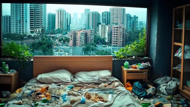 A cluttered bedroom with a messy bed, discarded items on the floor, and city buildings visible through a large window.