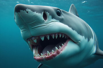 Great White Shark Swimming Underwater with Mouth Wide Open and Sharp Teeth

