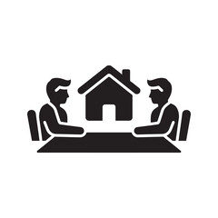 Real estate meeting glyph icon with people at a table discussing a house for mortgage negotiation property sale or agent client consultation