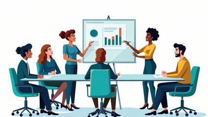 a stunning, ultra-high-resolution illustration of a diverse business team of 8 people, including 4 women and 4 men, brainstorming in a modern meeting room with a large glass table and sleek