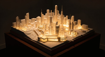 Illuminated Architectural Model of a Modern Cityscape with Skyscrapers and Buildings.