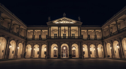 Obraz premium Grand Neoclassical Building at Night Illuminated Facade with Columns and Statues.
