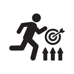 Goal achievement glyph icon with a person running toward a target for ambition career development business objective and success strategy