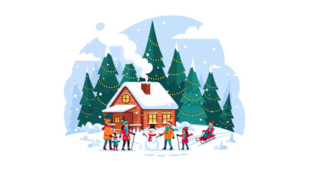 Fototapeta premium Family Winter Fun: A Cozy Cabin Getaway