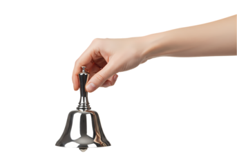 Hand Holding a Silver Bell Against a Black Background isolated on transparent baackground