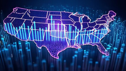 A digital map of the United States with vibrant colors and data visualization effects, representing technological themes. - Powered by Adobe