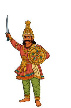 Traditional Indian Warrior Illustration with Sword and Shield &ndash; Mythical warrior , Koothu costume, ayyanar Character, king with armor 

