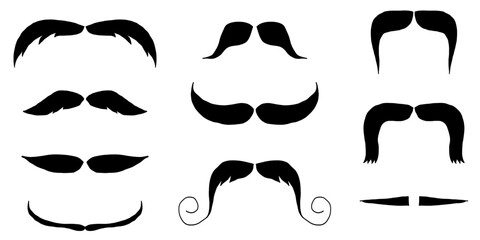 Moustache trendy styles set. Mustache curly horseshoe pencil imperial english pyramid italian and vintage narrow french walrus brush male hipster modern fashion. Chevron vector. 