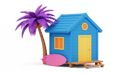 Colorful beach hut with palm tree and surfboard illustration