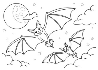 Whimsical Bats Flying Under the Moonlight with Clouds and Stars Coloring Page Silhouette charming coloring page
