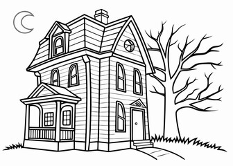 Spooky Haunted House with Bare Tree and Moon Detailed Outline Silhouette Style Illustration silhouette detailed outline