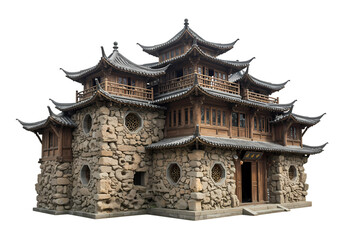 Fototapeta premium Ancient Chinese Architecture A MultiTiered Stone and Timber Pagoda Against a Pristine White Background isolated on transparent baackground
