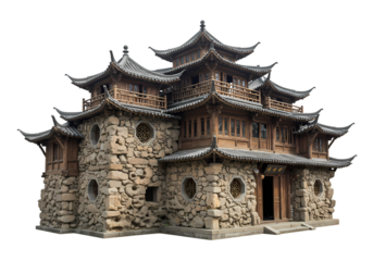 Ancient Chinese Architecture A MultiTiered Stone and Timber Pagoda Against a Pristine White Background isolated on transparent baackground
