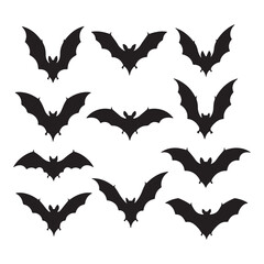 Naklejka premium Twelve Black Bat Silhouettes Arranged in a Grid on White Background Halloween Decorations Vector Graphics Clipart Bats Flying Night Animals Dark Creatures Gothic Style