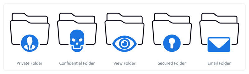 A set of 5 mix icons as private folder, confidential folder, view folder