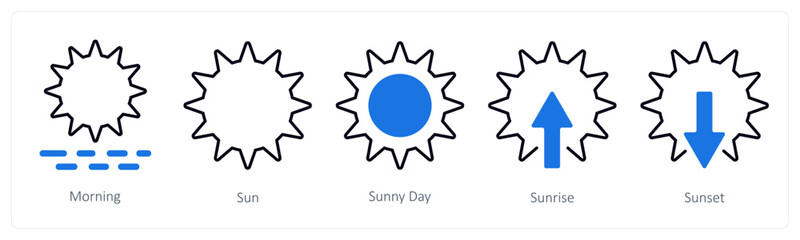 A set of 5 mix icons as morning, sun, sunny day