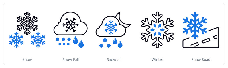 A set of 5 mix icons as snow, snowfall, winter