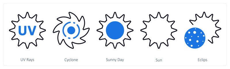 A set of 5 mix icons as uv rays, cyclone, sunny day