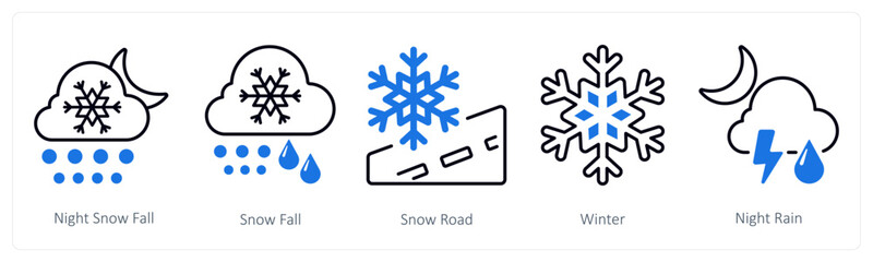 A set of 5 mix icons as night snowfall, snowfall, snow road