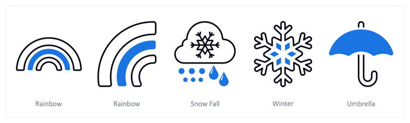 A set of 5 mix icons as rainbow, snowfall, winter