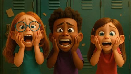 Animation of three young children streaming with hands by face - Powered by Adobe