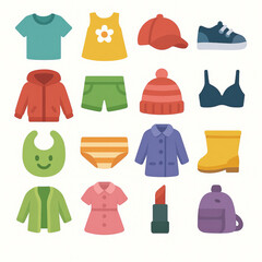 Clothing and Accessories Icon Set with Casual Wear, Sportswear, Outerwear, and Personal Items in Flat Design
