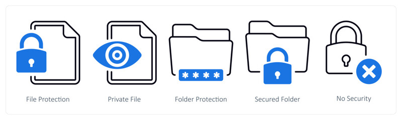 A set of 5 mix icons as file protection, private file, folder protection