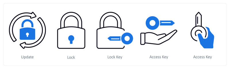 A set of 5 mix icons as update, lock, lock key