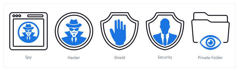 A set of 5 mix icons as spy, hacker, shield