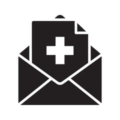 Medical results mail glyph icon with an envelope containing a health document for sending a prescription test report or hospital notification