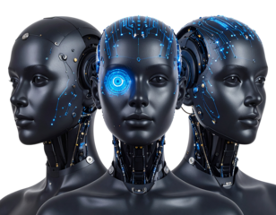 Futuristic Real Human Faces with Technological Augmentations – Glowing Blue Network on Blac Skin.