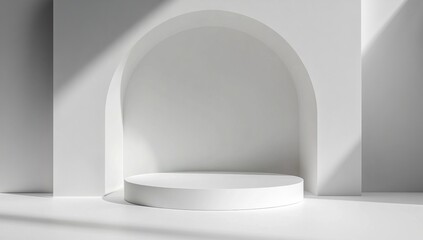 White archway display podium, sunlit studio backdrop
