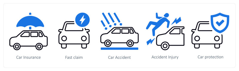 A set of 5 mix icons as car insurance, fast claim, car accident