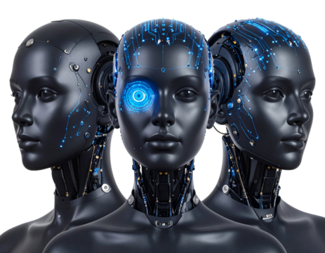 Futuristic Real Human Faces with Technological Augmentations – Glowing Blue Network on Blac Skin.