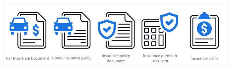 A set of 5 mix icons as car insurance document, home insurance policy, insurance policy document