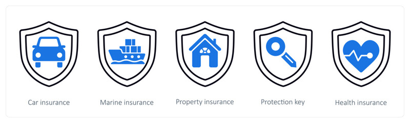 Fototapeta premium A set of 5 mix icons as car insurance, marine insurance, property insurance