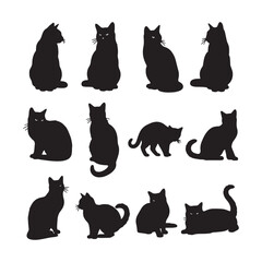 Twelve Black Cat Silhouettes Various Poses Sitting Standing Lying Down Different Angles Simple Graphic Design Elements