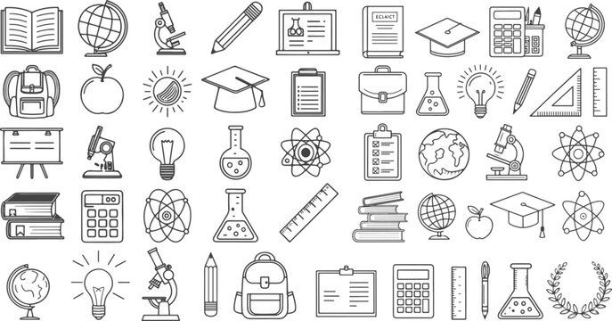 Collection of educational and scientific icons including books globes microscopes pencils graduation caps and lab equipment isolated on transparent background 50 icon set vector eps file .