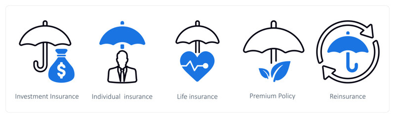 A set of 5 mix icons as investment insurance, individual insurance, life insurance
