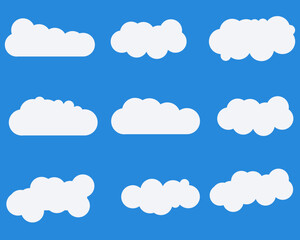 Flat Clouds Design set. Clouds for cartoons, social posts, and single uses. White clouds in Blue sky.
