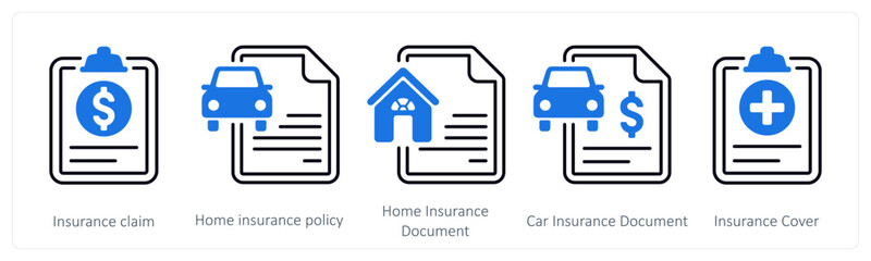 A set of 5 mix icons as insurance claim, home insurance policy, car insurance document