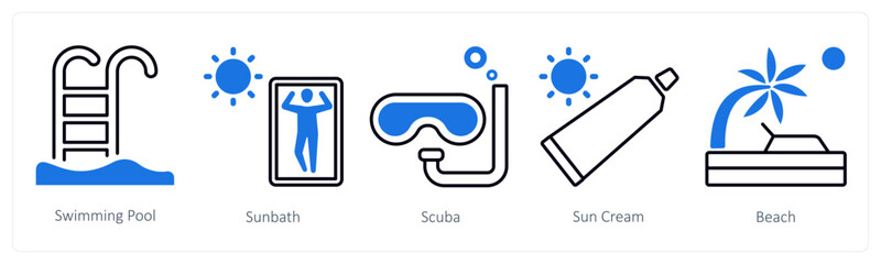 A set of 5 mix icons as swimming pool, sunbath, scuba