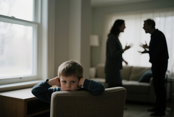 Child Hiding and Covering Ears During Parents’ Argument – Emotional Family Scene