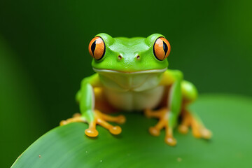 Red-Eyed Tree Frog with Vibrant Green Colors on Leaf

