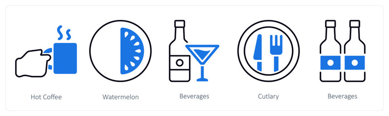 A set of 5 mix icons as hot coffee, watermelon, beverages