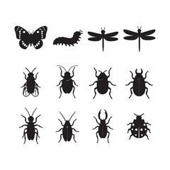 Twelve Black Insect Silhouettes Butterfly Caterpillar Dragonflies Beetles Ladybird Cockroach Icons Set