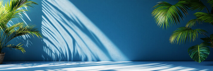 blue wall with the shadow of palm trees background for summer with ample space for product placement 
